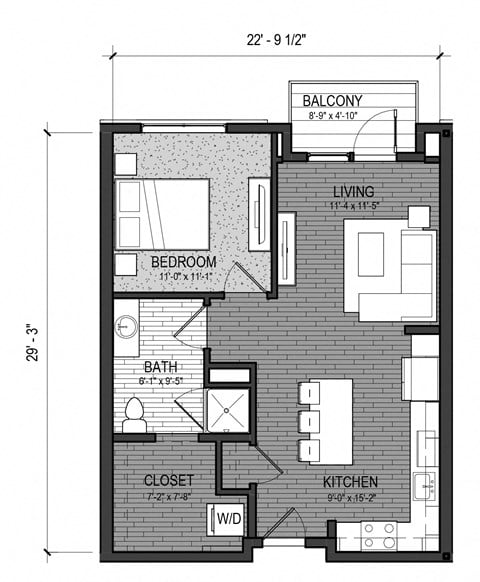 Floor plan for 1 bed, 1 bath, 696 sqft